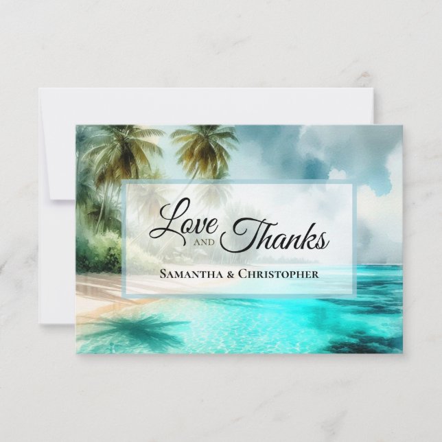 Tarjeta De Agradecimiento Tropical Beach Watercolor Love & Thanks Wedding (Anverso)