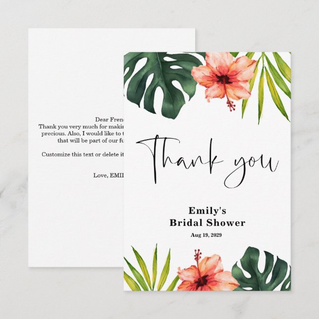 Tarjeta De Agradecimiento Tropical Bridal Shower  Thank You Card (Anverso / Reverso)