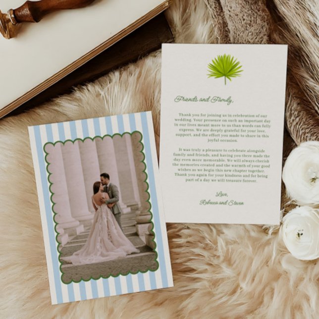 Tarjeta De Agradecimiento Tropical Cabana Striped Wedding Photo  (Subido por el creador)