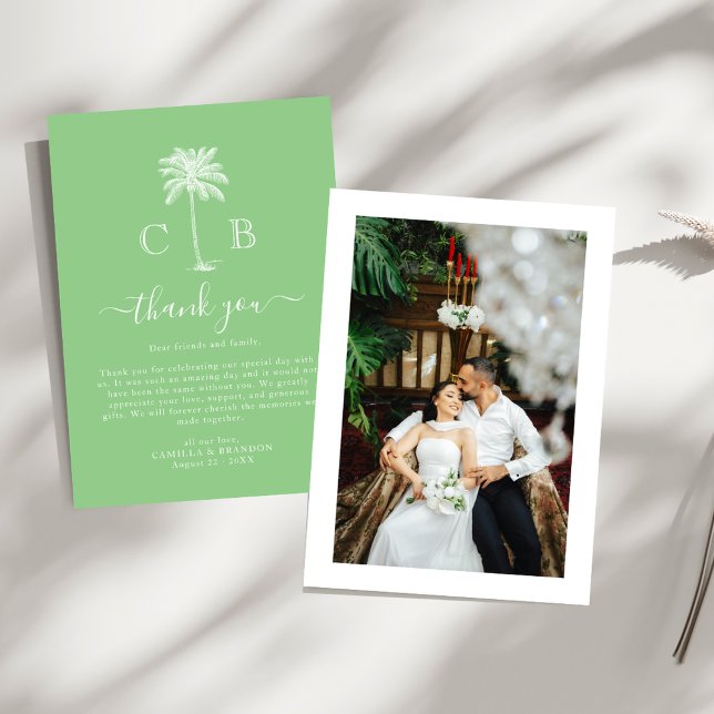 Tarjeta De Agradecimiento Tropical Green Palm Initials Photo Wedding  (Subido por el creador)