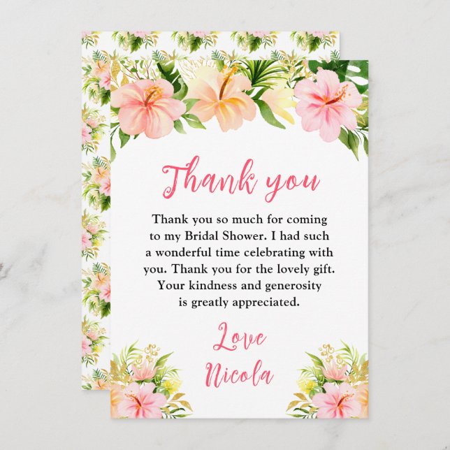 Tarjeta De Agradecimiento Tropical Jungle Floral Bridal Shower (Anverso / Reverso)