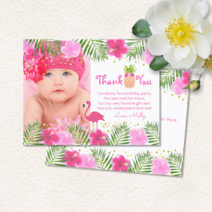 Tarjeta De Agradecimiento Tropical Luau Flamingo Chica de cumpleaños 1 graci