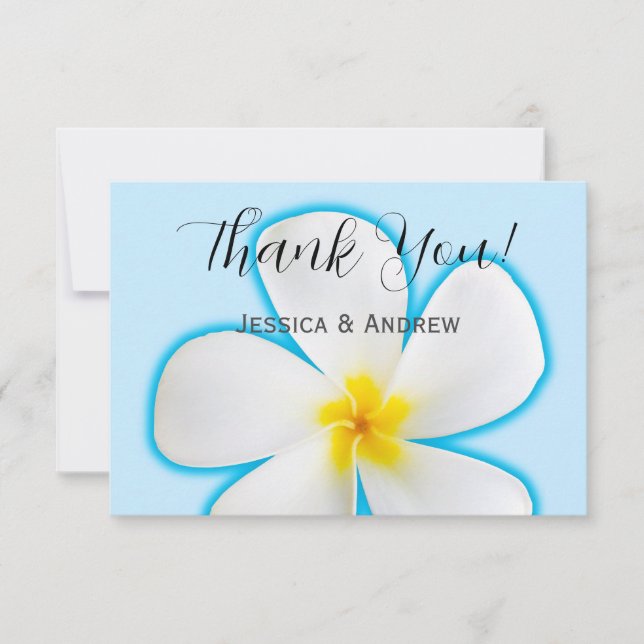 Tarjeta De Agradecimiento Tropical, Plumeria Blanca sobre Azul, Floral (Anverso)
