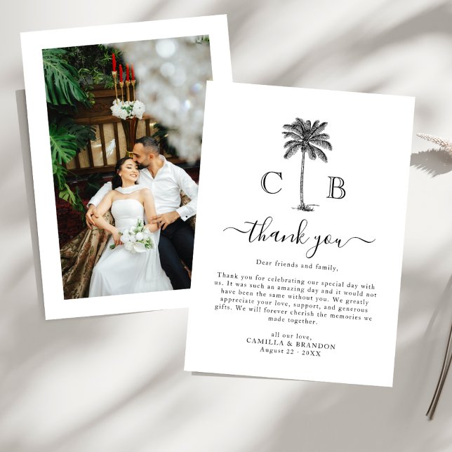 Tarjeta De Agradecimiento Tropical Simple Palm Initials Photo Wedding  (Subido por el creador)