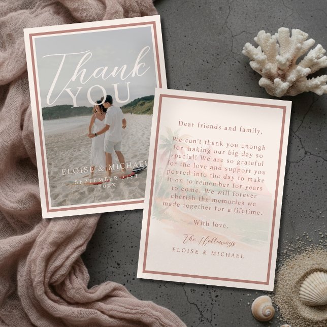 Tarjeta De Agradecimiento Tropical Sunset Island Beach Wedding Photo (Tropical Sunset Island Beach Wedding Photo Thank You Card)