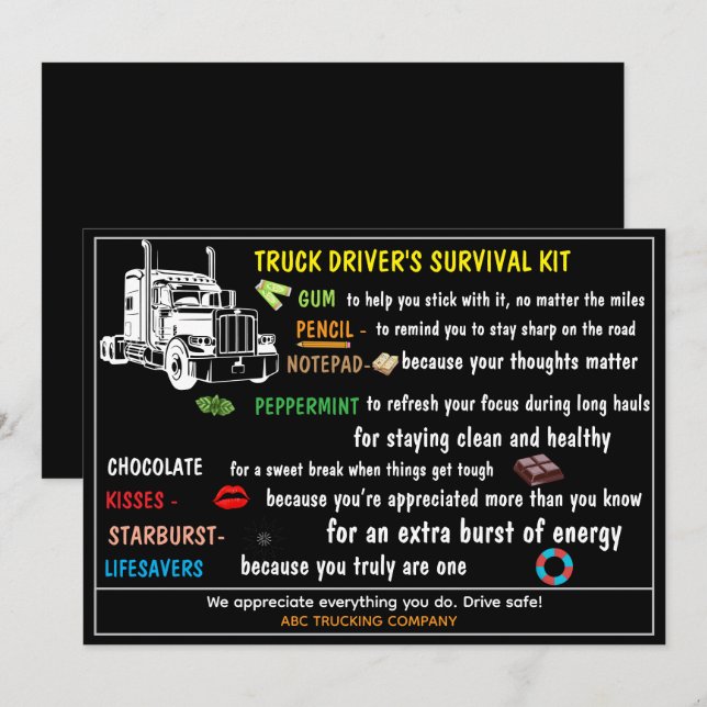 Tarjeta De Agradecimiento Truck Driver’s Survival Kit Funny & Thoughtful  (Anverso / Reverso)