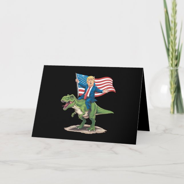Tarjeta De Agradecimiento Trump montando dinosaurio T Rex bandera estadounid (Anverso)
