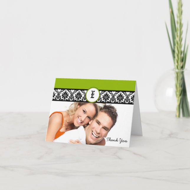 Tarjeta De Agradecimiento Tu Foto Apple Green & Black Damask Gracias (Anverso)