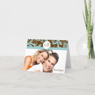 Tarjeta De Agradecimiento Tu Foto Aqua & Marrón Damask Gracias de Boda