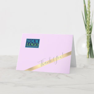 Tarjeta De Agradecimiento Tu logotipo nombre comercial, franja dorada lila,