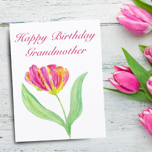 Tarjeta De Agradecimiento Tulipán Cumpleaños Abuela Rosa Caliente Acuarela