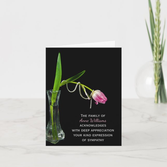 Tarjeta De Agradecimiento Tulipán rosado y perlas gracias de la familia (Anverso)