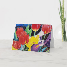 Tarjeta De Agradecimiento Tulipanes rojos, Daffodil amarillo e Iris morado