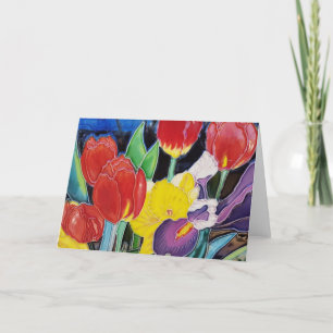 Tarjeta De Agradecimiento Tulipanes rojos, Daffodil amarillo e Iris morado
