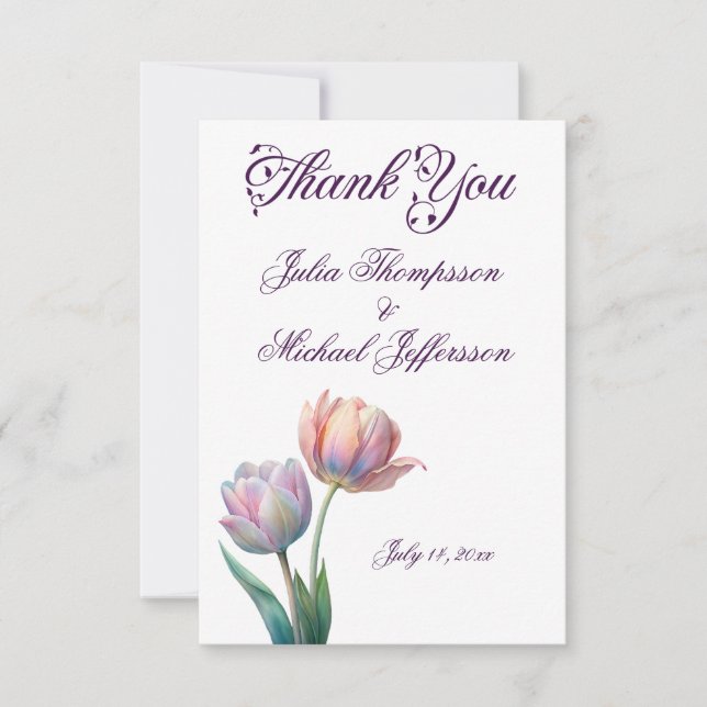 Tarjeta De Agradecimiento Tulipano romántico y poético pastel acuarela (Anverso)