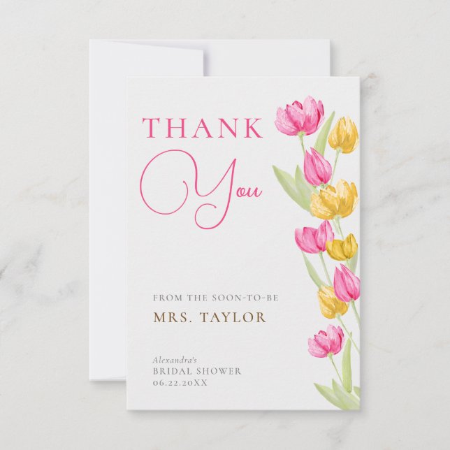 Tarjeta De Agradecimiento Tulips Calligraphy Pink Bridal Shower (Anverso)