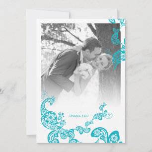 Tarjeta De Agradecimiento Turquesa Azul Boho Cachemira Pavón Foto Boda