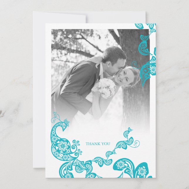 Tarjeta De Agradecimiento Turquesa Azul Boho Cachemira Pavón Foto Boda (Anverso)