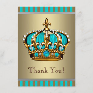 Tarjeta De Agradecimiento Turquesa Azul Dorado Príncipe Baby Shower Gracias