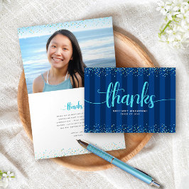 Tarjeta De Agradecimiento Turquesa brillo guión grad foto rayas azul marino