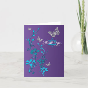 Tarjeta De Agradecimiento Turquesa, Floral Púrpura, Mariposas Gracias