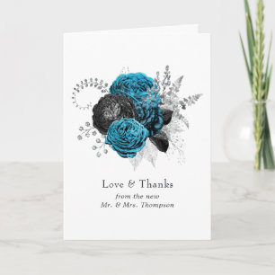 Tarjeta De Agradecimiento Turquesa - Verde azulado negro y plata Floral Boda