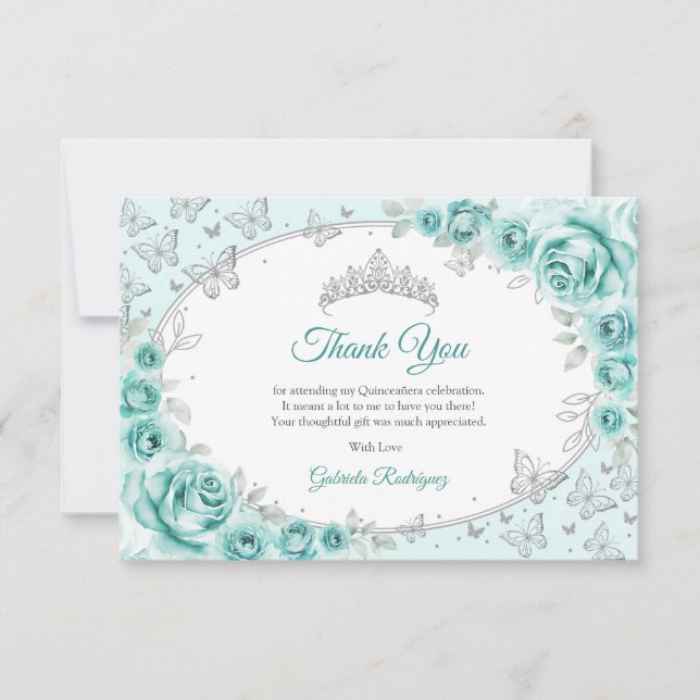 Tarjeta De Agradecimiento Turquoise Silver  Floral Quinceanera (Anverso)