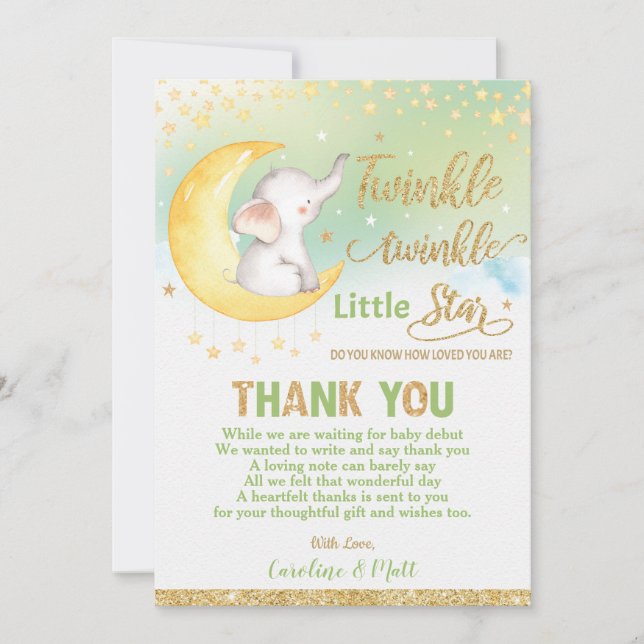 Tarjeta De Agradecimiento Twinkle Little Star Elefante Baby Shower Neutral (Anverso)