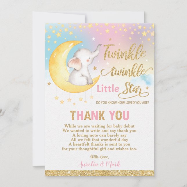 Tarjeta De Agradecimiento Twinkle Little Star Elephant Baby Girl (Anverso)