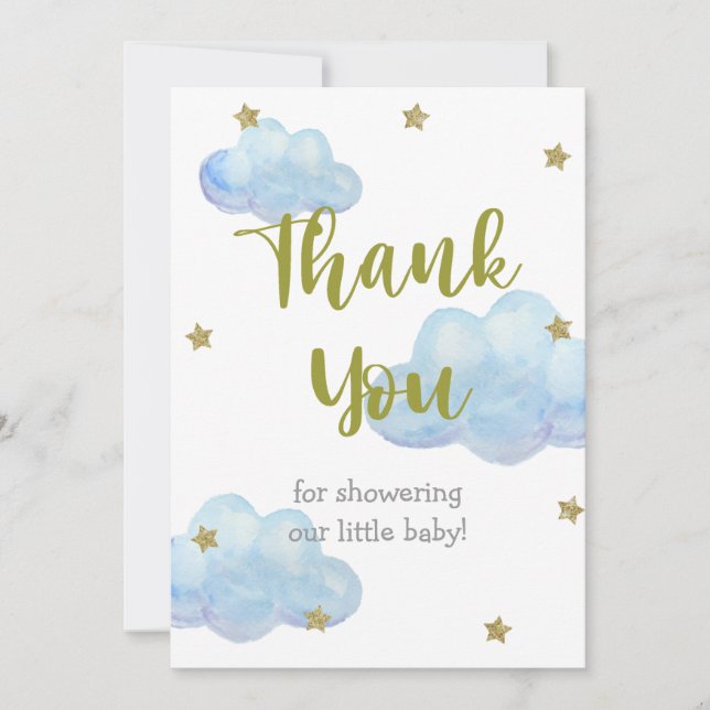 Tarjeta De Agradecimiento Twinkle Little Star Nubes Azules Baby Shower (Anverso)