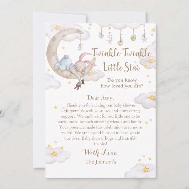 Tarjeta De Agradecimiento Twinkle Twinkle Little Star Bunny Baby Shower (Anverso)