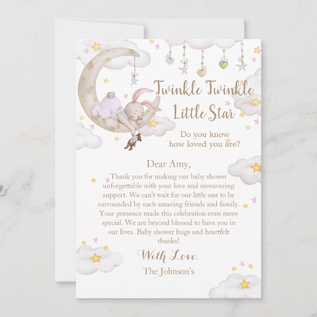 Tarjeta De Agradecimiento Twinkle Twinkle Little Star Bunny Baby Shower (Anverso)