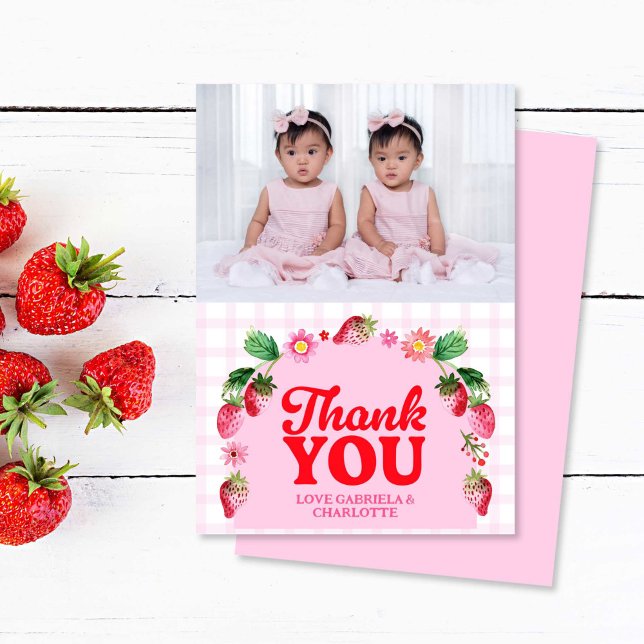 Tarjeta De Agradecimiento Twins Joint Berry First Birthday Strawberry Photo (Twins Joint Berry First Birthday Strawberry Photo Thank You Card)