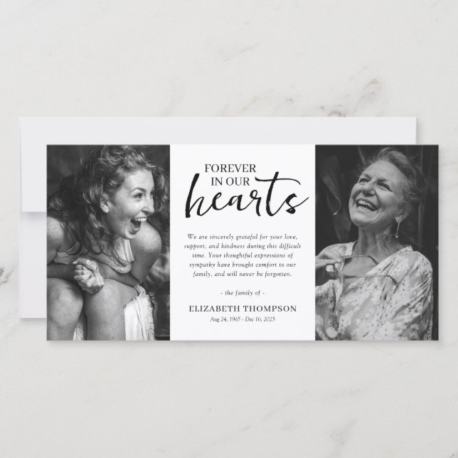 Tarjeta De Agradecimiento Two Photo Black & White Funeral Thank You (Anverso)