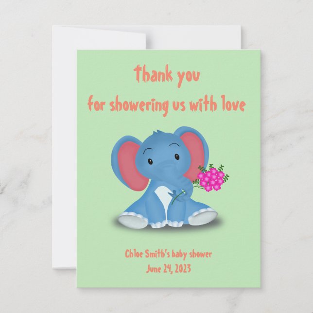 Tarjeta De Agradecimiento Un bebé elefante lindo envía gracias flores (Anverso)