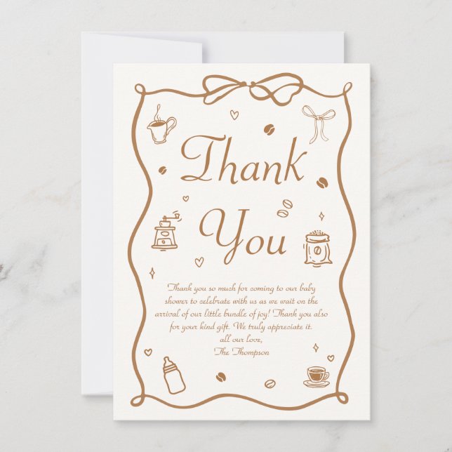 Tarjeta De Agradecimiento Un bebé prepara café Baby Shower (Anverso)