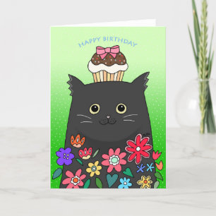 Tarjeta De Agradecimiento Un bonito gato negro colorido con un pastel cumple