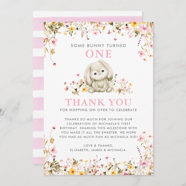 Tarjeta De Agradecimiento Un conejo se convirtió en primer cumpleaños de un  (Anverso / Reverso)