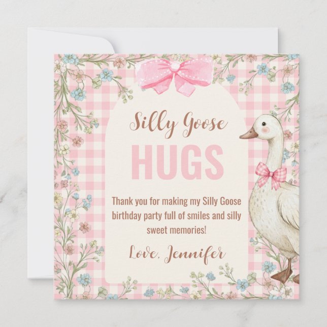 Tarjeta De Agradecimiento Un cumpleaños de ganso tonto de gingham rosa (Anverso)