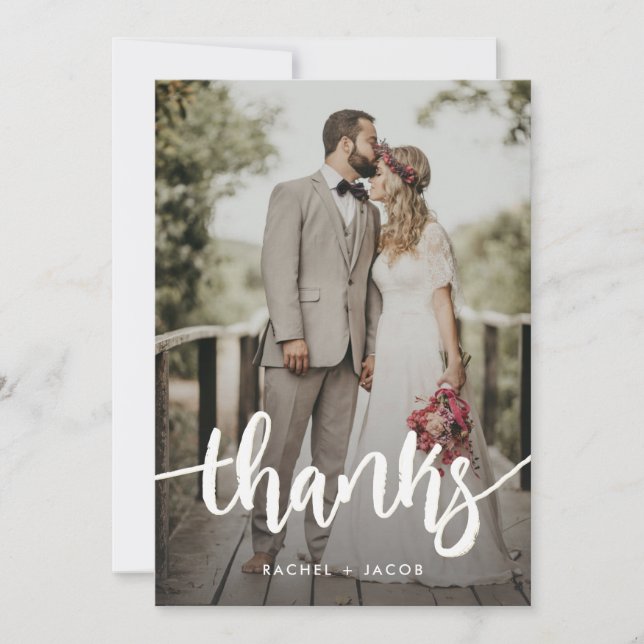 Tarjeta De Agradecimiento Un guión moderno superpone dos Bodas de fotos simp (Anverso)