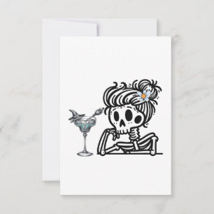 Tarjeta De Agradecimiento Un lindo esqueleto con una flor y una bebida.