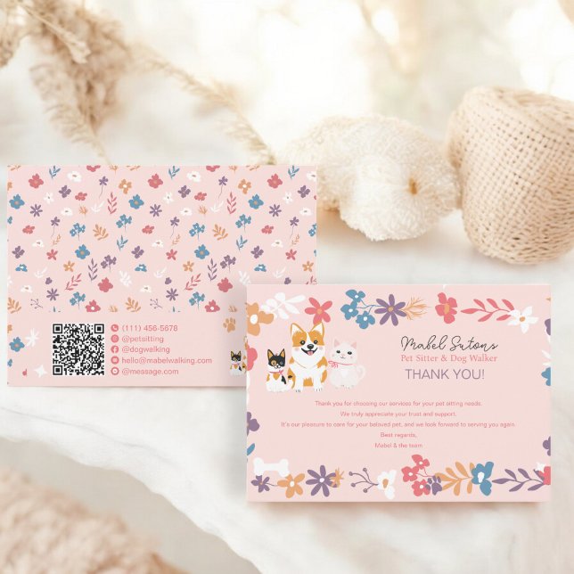Tarjeta De Agradecimiento Un mascota floral caprichoso y caprichoso negocio  (Whimsical floral pet sitter dog walker business thank you card)