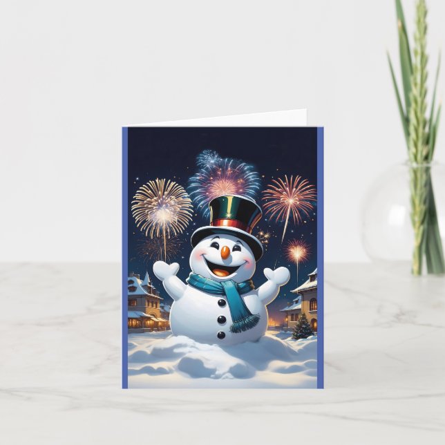 Tarjeta De Agradecimiento un muñeco de nieve muy feliz en Año Nuevo (Anverso)