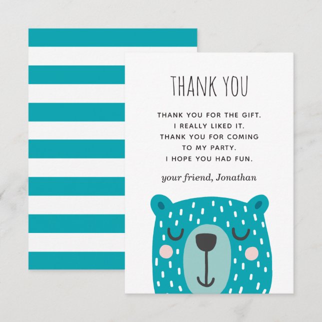 Tarjeta De Agradecimiento Un oso lindo y gracioso. cumpleaños de niños peque (Anverso / Reverso)