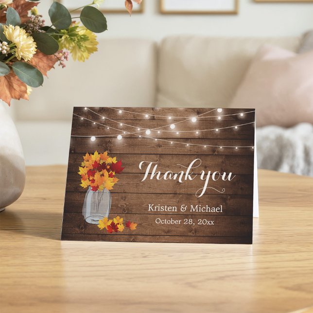 Tarjeta De Agradecimiento Un otoño rústico deja a Mason Jar Lights gracias (Subido por el creador)