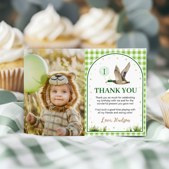 Tarjeta De Agradecimiento Un pato afortunado Green Gingham Birthday Photo (Subido por el creador)