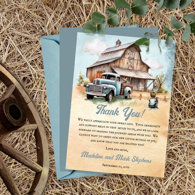 Tarjeta De Agradecimiento Un Pequeño Agricultor Aburrido Por Baby Shower ("A Cute Little Farm Boy Is On His Way!" Rustic Barn and Vintage Truck Boy Baby Shower Thank You Card)