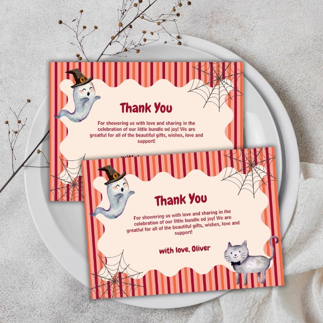 Tarjeta De Agradecimiento Un pequeño gato fantasma cae en otoño en Baby Show (A Little Boo Ghost Cat Fall Autumn Baby Shower Thank You Card)