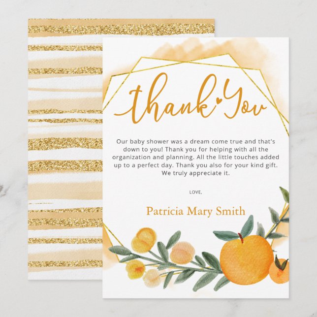 Tarjeta De Agradecimiento Un Pequeño Testigo Está En Camino Naranja Baby Sho (Anverso / Reverso)