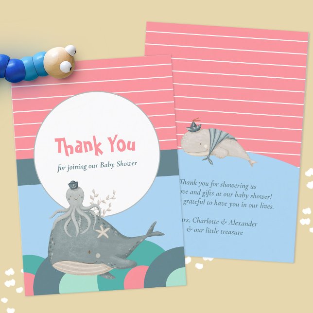 Tarjeta De Agradecimiento Un pulpo blanco de ballena náutico Baby Shower ros (Cute Pink Nautical Whale Squid Baby Shower Thank You Card ©Susanne Sachers - Sunny Mind Design 🌞)